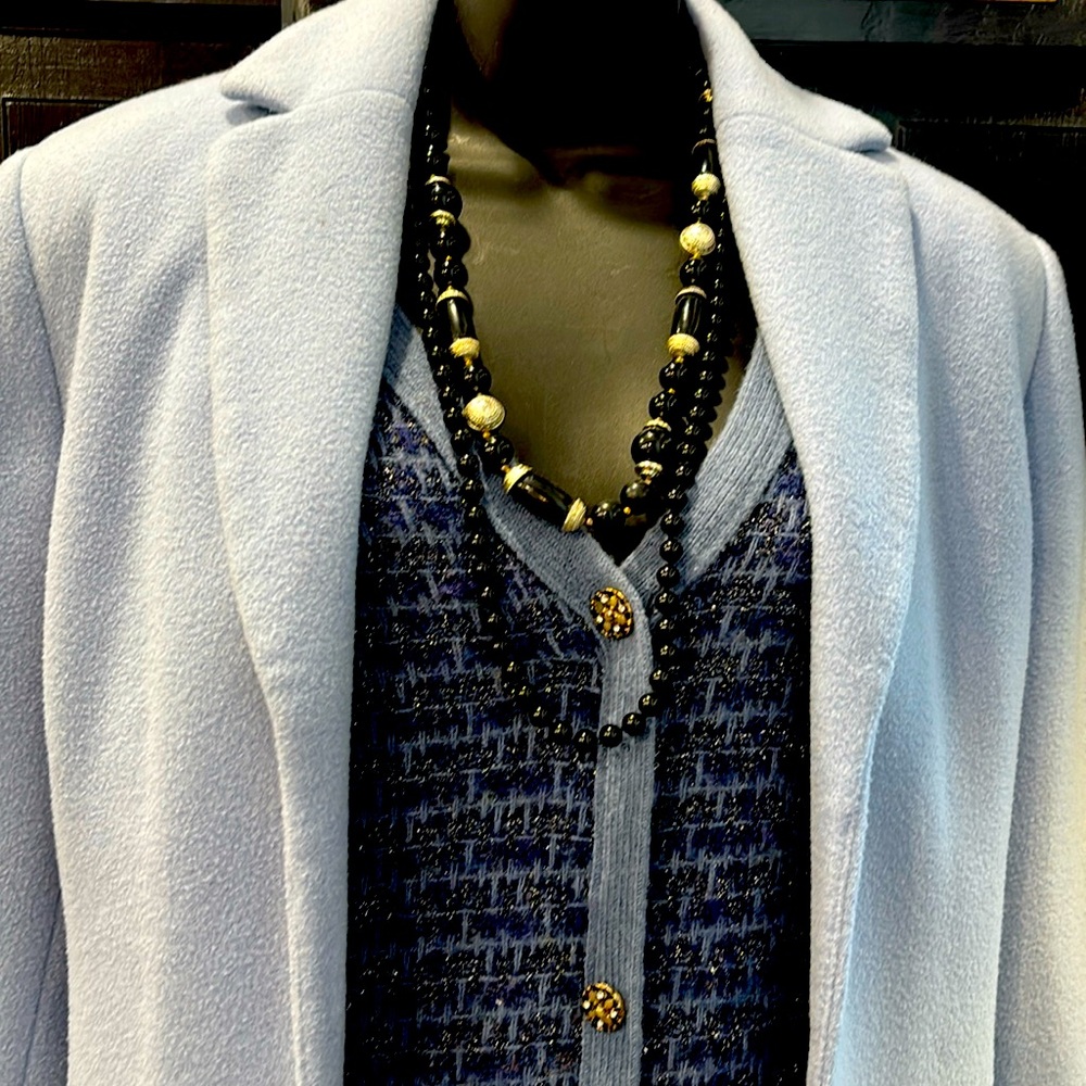 Blue jacket style with Zara dress and black necklace